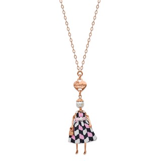 Le Amiche Rose-tone Sim. Pearl Pink Checkered Doll Necklace