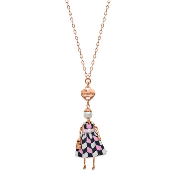 Le Amiche Rose-tone Sim. Pearl Pink Checkered Doll Necklace