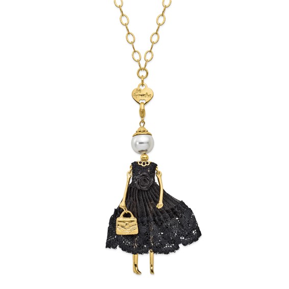 Le Amiche Gold-tone Sim. Pearl Black Lace Doll Charm w/Chain