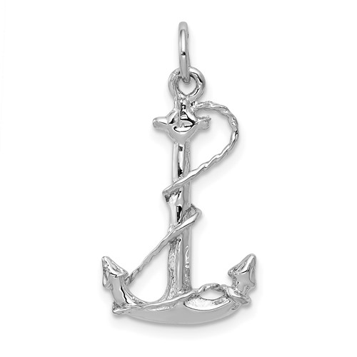 14K White Gold Solid Polished 3-D Anchor Charm with Rope