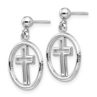 14K White Gold Polished Eternal Life Cross Dangle Post Earrings view 2