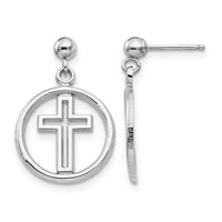 14K White Gold Polished Eternal Life Cross Dangle Post Earrings view 1