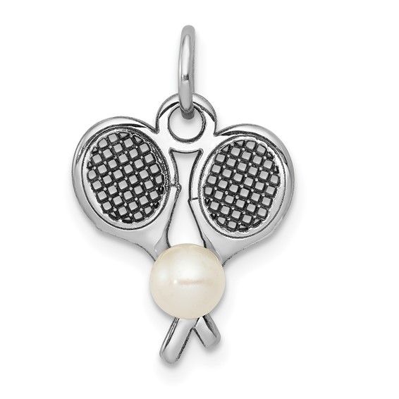 14K White Gold Tennis Racquets with Freshwater Cultured Pearl Ball Charm