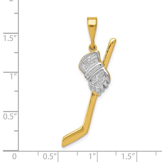 14K and White Rhodium Solid Polished Hockey Stick and Glove Pendant
