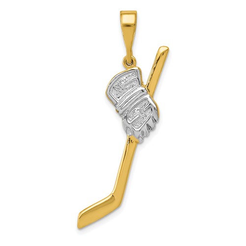 14K and White Rhodium Solid Polished Hockey Stick and Glove Pendant