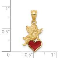 14K Yellow Gold Red Enameled Angel on Heart Pendant view 4