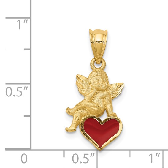 14k Red Enameled Angel on Heart Pendant