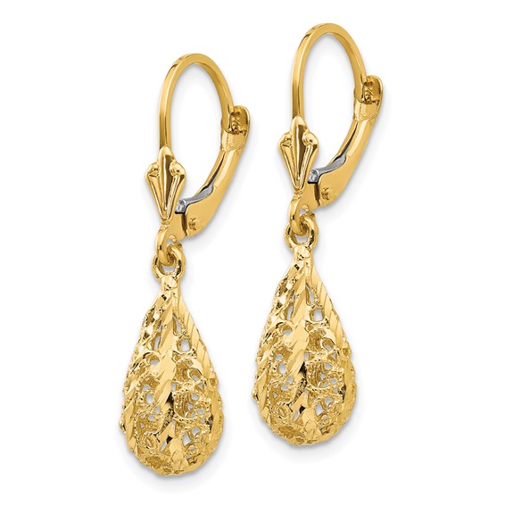 14k Polished Diamond-Cut Filigree Teardrop Dangle Leverback Earrings