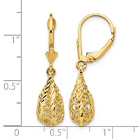 14K Yellow Gold Polished Diamond-Cut Filigree Teardrop Dangle Leverback Earrings view 4