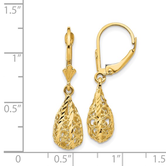 14k Polished Diamond-Cut Filigree Teardrop Dangle Leverback Earrings