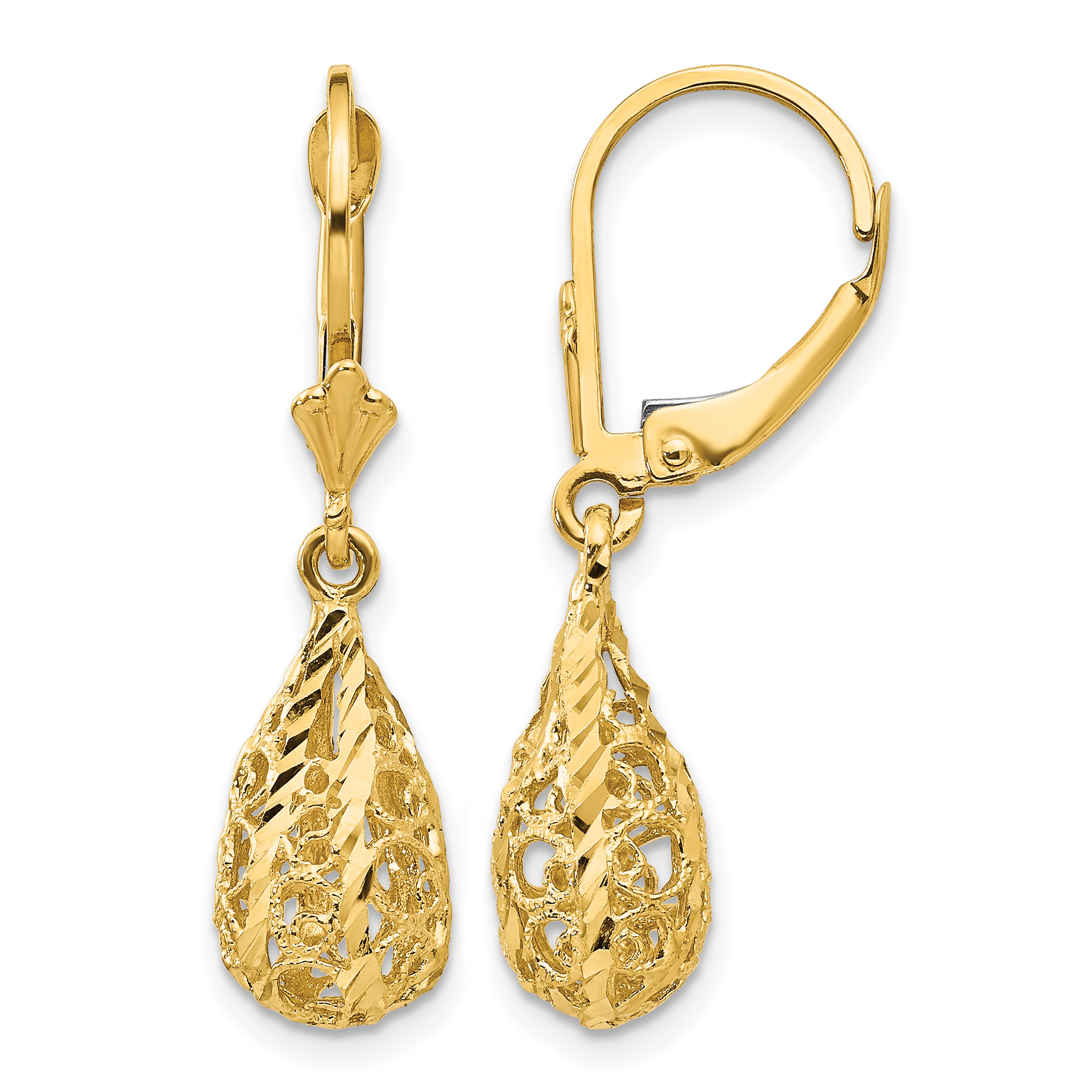 14k Polished Diamond-Cut Filigree Dangle Leverback Earrings (K116)