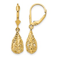 14K Yellow Gold Polished Diamond-Cut Filigree Teardrop Dangle Leverback Earrings view 1