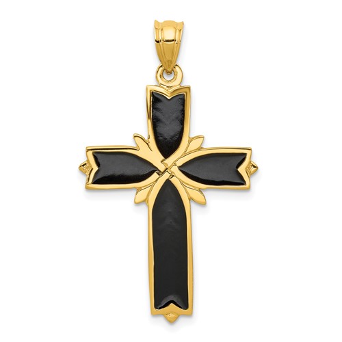 14K Yellow Gold Black Enameled Latin Cross Pendant