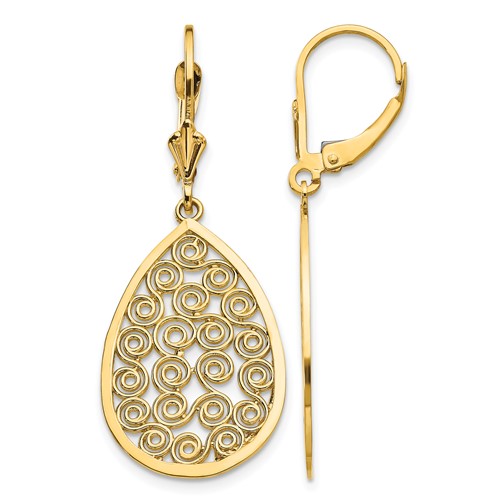 14K Yellow Gold Teardrop Filigree Dangle Leverback Earrings