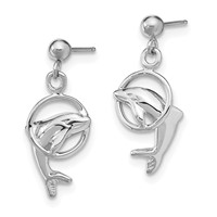 14K White Gold Polished Dolphin Jumping Through Hoop Dangle Post Earrings view 2