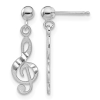 14K White Gold Polished Diamond-cut Treble Clef Dangle Post Earrings view 1