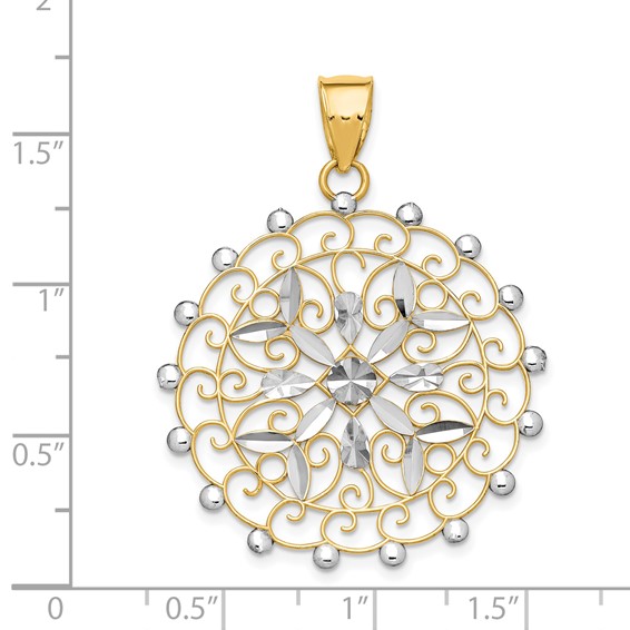 14k and White Rhodium Diamond-cut Filigree Pendant