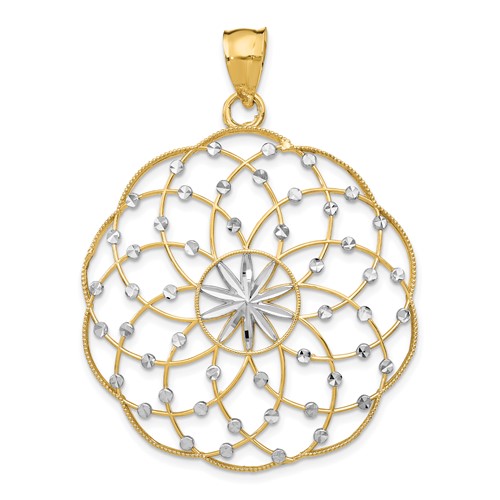 14K and White Rhodium Diamond-cut Spiral Circle Pendant