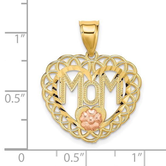 14k Two-tone MOM in Heart Frame with Flower Charm