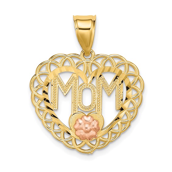 14k Two-tone MOM in Heart Frame with Flower Charm