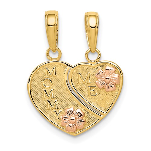 14K Two-tone Pendant with Flowers Mommy-me 2-Piece Break-apart Heart