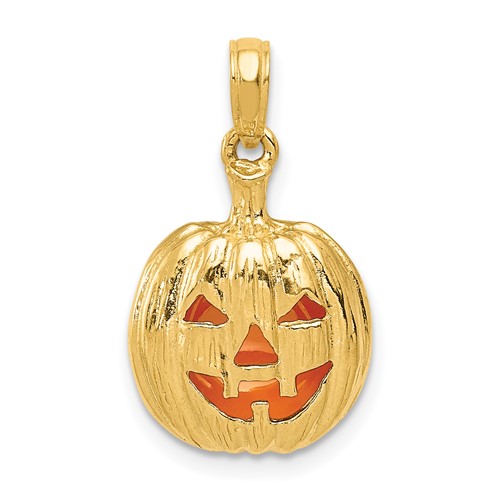 14K Yellow Gold Enameled Inside 3-D Cut-Out Jack-o-Lantern Pendant