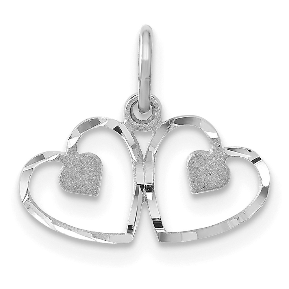14K White Gold Satin and Diamond-cut Double Heart Charm