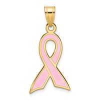 14K Yellow Gold Large Enameled Pink Awareness Ribbon Pendant view 1