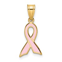 14K Yellow Gold Small Pink Enameled Awareness Ribbon Pendant view 1