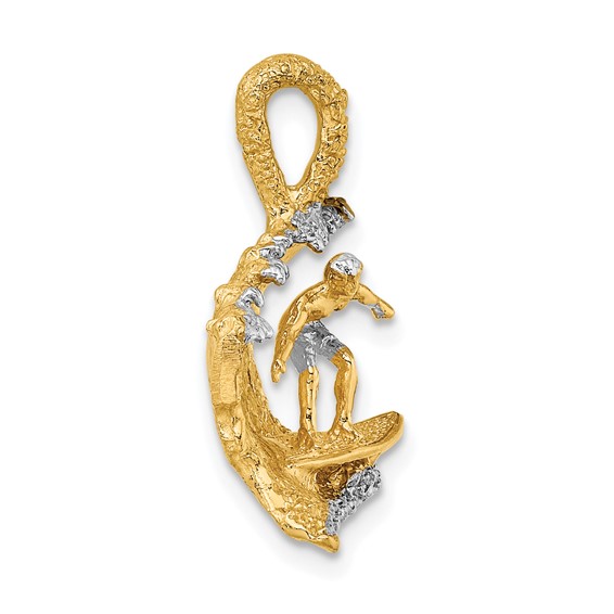 14K and White Rhodium 3-D Surfer In Wave Charm