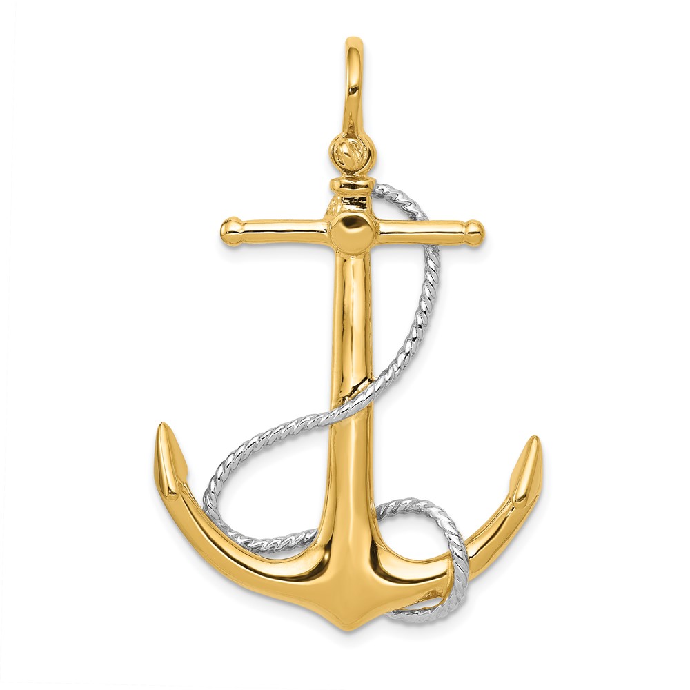 14K Two-tone 3-D Large Anchor Pendant with Entwined Rope Accent