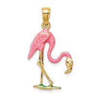14K Yellow Gold Enameled 3-D Pink Flamingo Pendant view 3