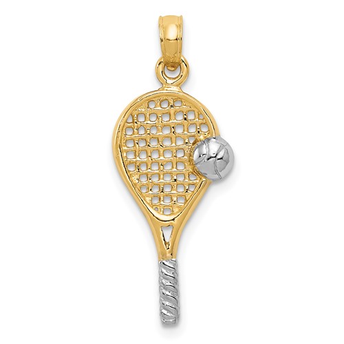 14K and White Rhodium Polished Tennis Racquet and Ball Pendant