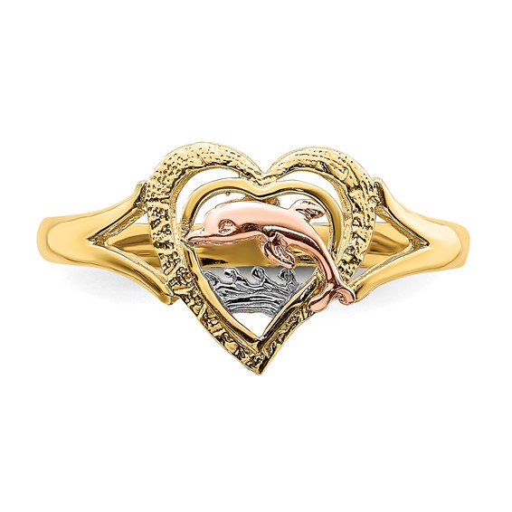 14K Yellow and Rose Gold with White Rhodium Dolphin In Heart Ring