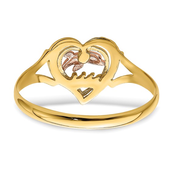14K Yellow and Rose Gold with White Rhodium Dolphin In Heart Ring
