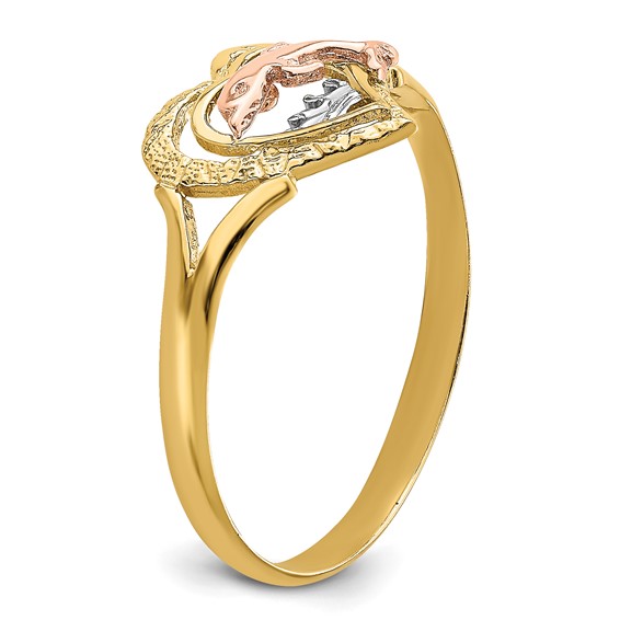 14K Yellow and Rose Gold with White Rhodium Dolphin In Heart Ring