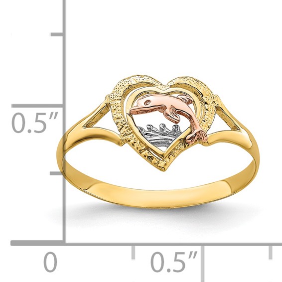 14K Yellow and Rose Gold with White Rhodium Dolphin In Heart Ring