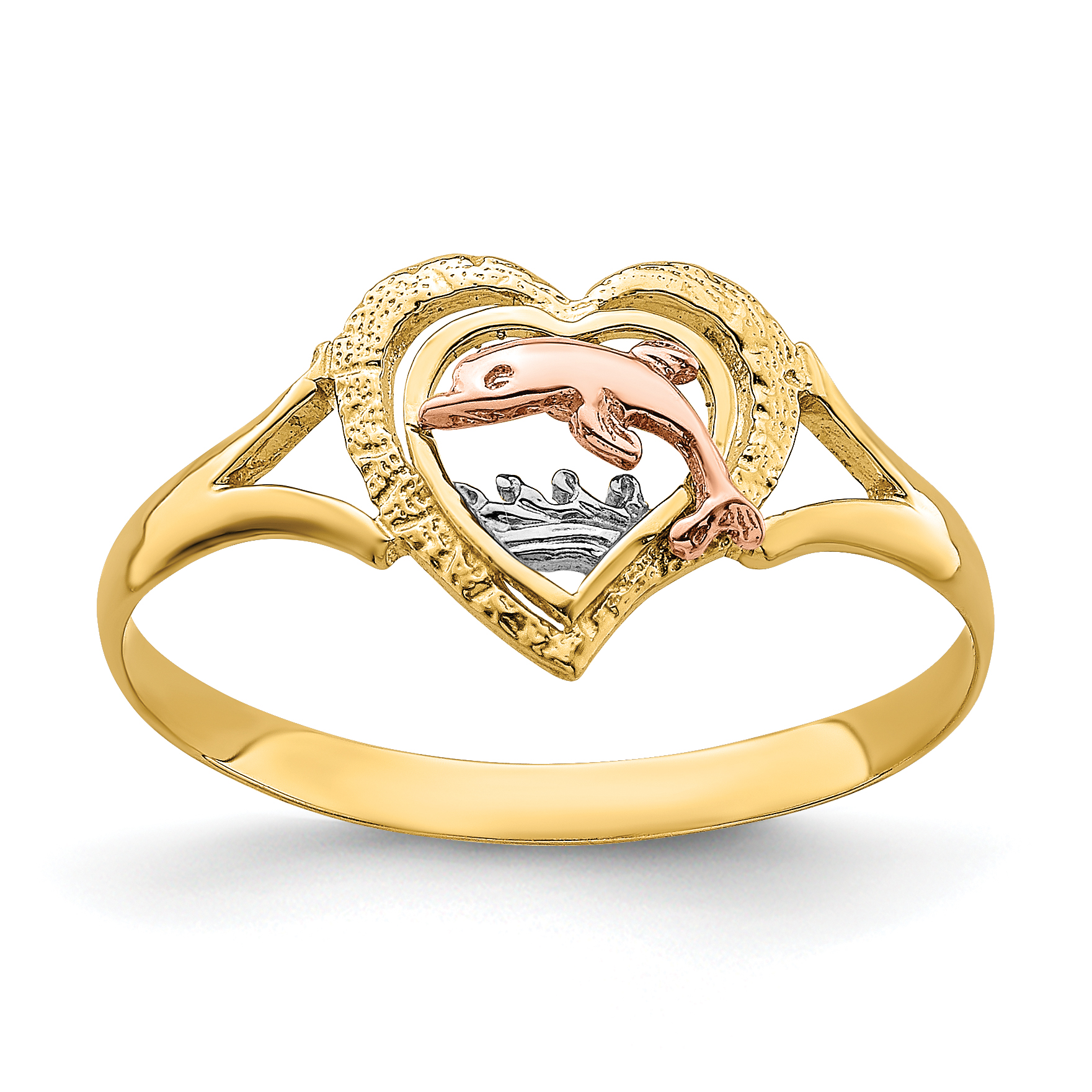 14K Yellow and Rose Gold W/Rhodium Dolphin In Heart Ring (K2068)