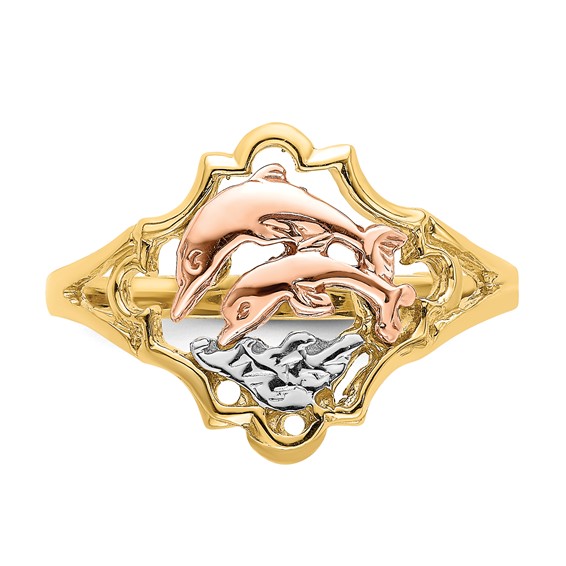 14K Yellow and Rose Gold with White Rhodium Double Dolphin Ring