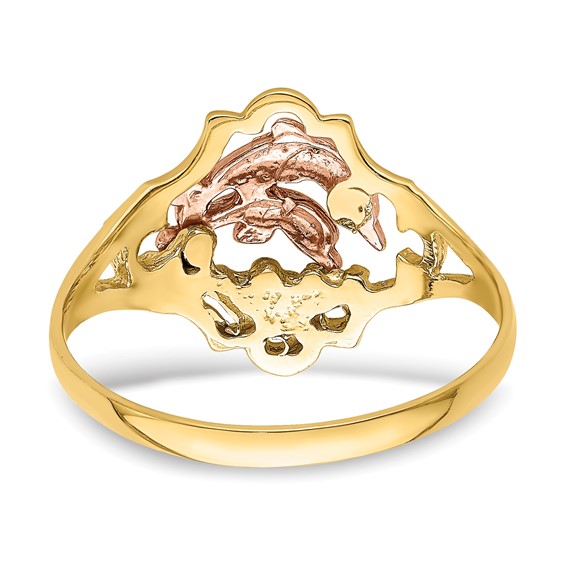 14K Yellow and Rose Gold with White Rhodium Double Dolphin Ring