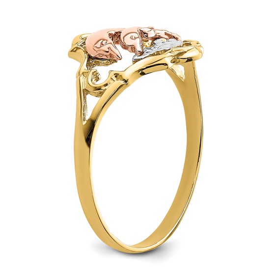 14K Yellow and Rose Gold with White Rhodium Double Dolphin Ring