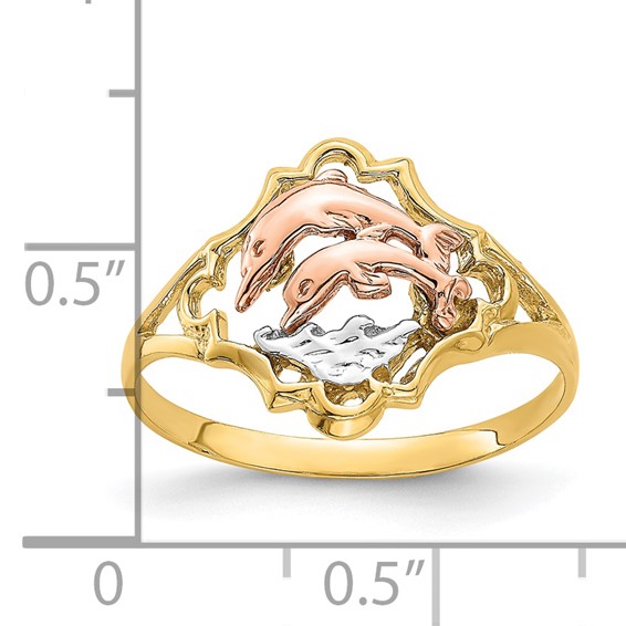 14K Yellow and Rose Gold with White Rhodium Double Dolphin Ring