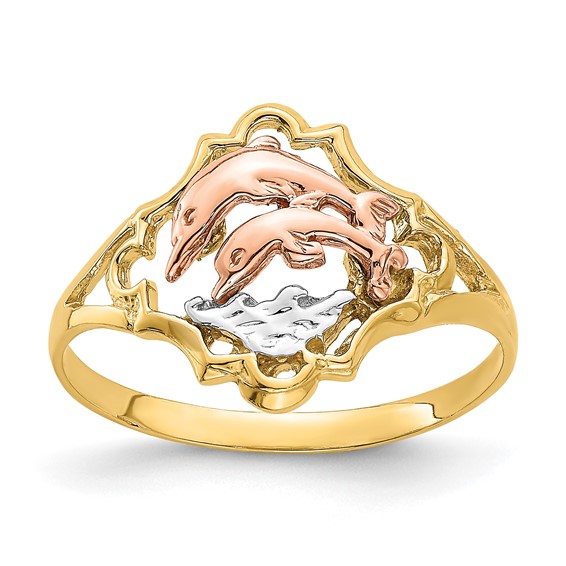 14K Yellow and Rose Gold with White Rhodium Double Dolphin Ring