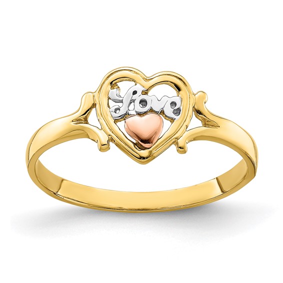 14k Yellow and Rose Gold with White Rhodium LOVE Heart Ring