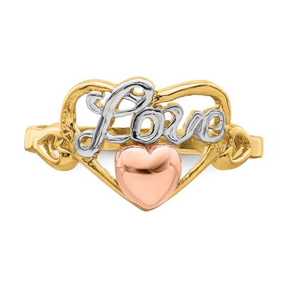 14k Yellow and Rose Gold with White Rhodium LOVE Heart Ring