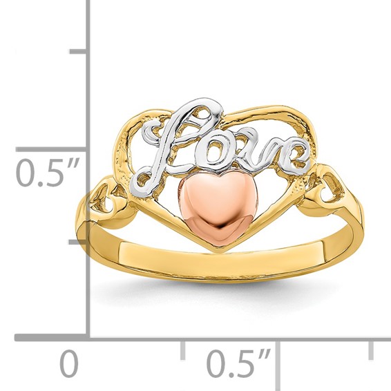 14k Yellow and Rose Gold with White Rhodium LOVE Heart Ring