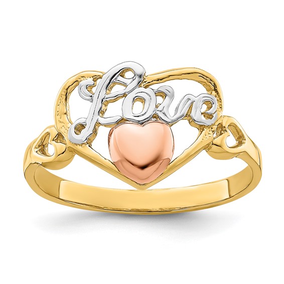 14k Yellow and Rose Gold with White Rhodium LOVE Heart Ring