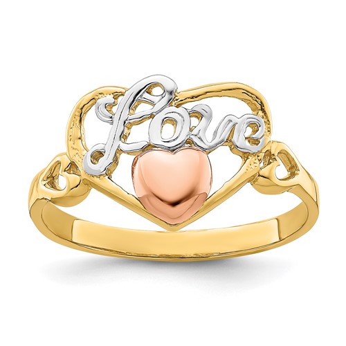 14K Yellow and Rose Gold Ring with White Rhodium Love Heart