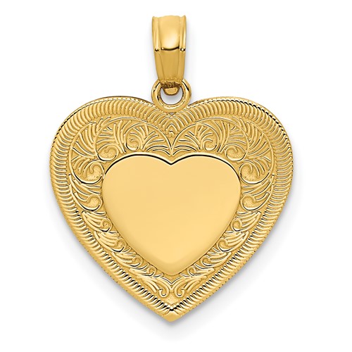 14K Yellow Gold Polished Swirled Border Engravable Heart Pendant