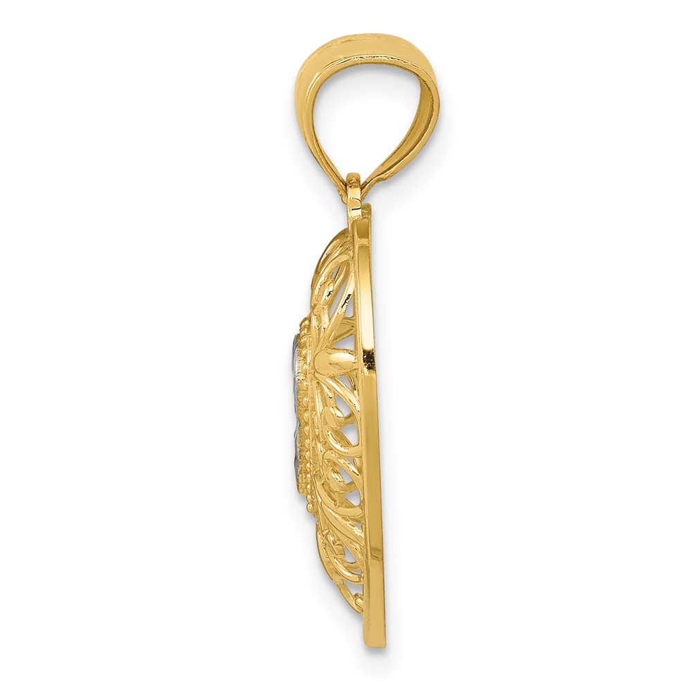 14K and White Rhodium Polished Diamond-cut Filigree Heart Pendant (K2527)